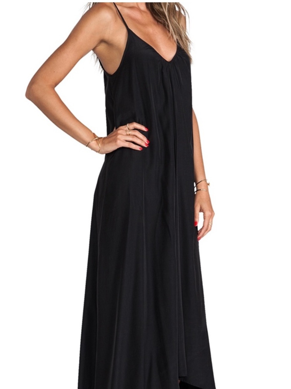 Pink Stitch - Women’s Black V-Neck Maxi Dress with Spaghetti Straps